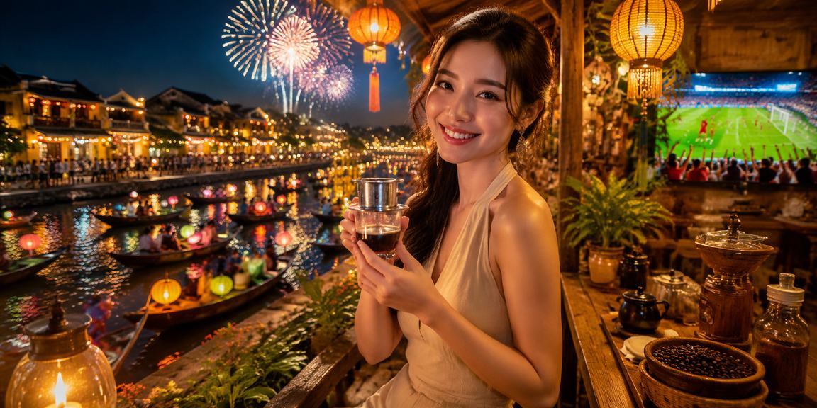 Người dùng tương tác cá cược thể thao trên điện thoại tại quán cà phê Hội An