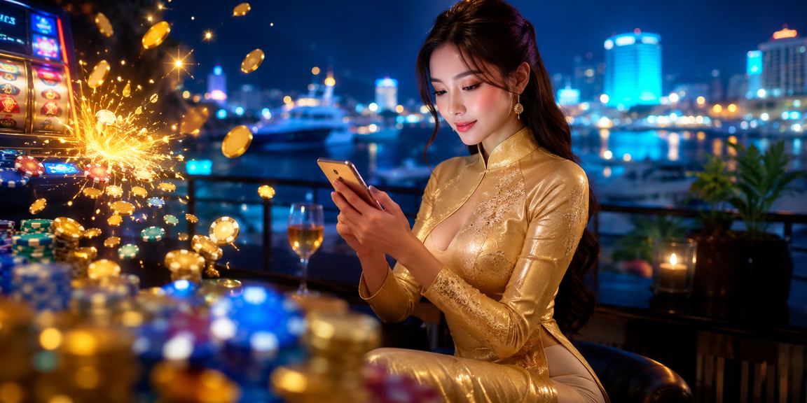 Người chơi tại Nha Trang trải nghiệm slot game trên điện thoại với trang phục áo dài